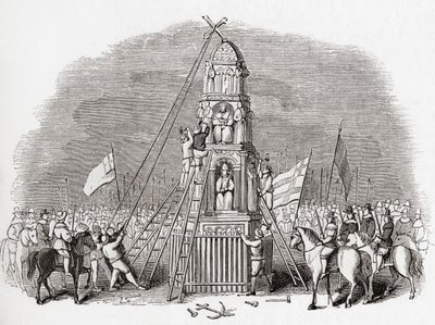 1643年、イギリス、ロンドンのチープサイド・クロス、別名エレノア・クロスを破壊する清教徒たち：A Pictorial Museum, pub.1847 作： English School