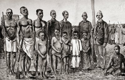 ピグミー原住民とイギリスの将校、スーダン人とザンジバリスの比較、1890年（木の彫刻） 作： English School