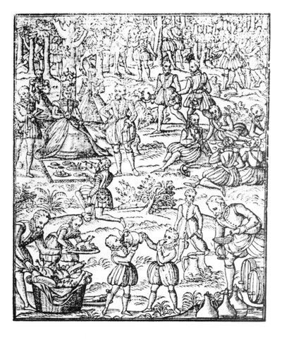 エリザベス女王1世（1533-1603年）、ハントピクニックでのプレート 作： English School