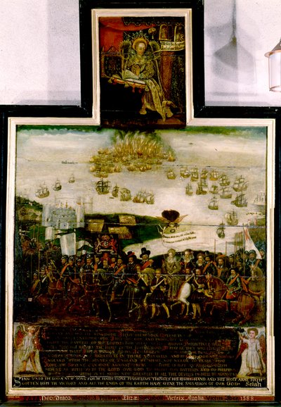 ティルバリーに到着したエリザベス1世と1588年のスペイン艦隊に対する英国の敗北（油彩・パネル 作： English School