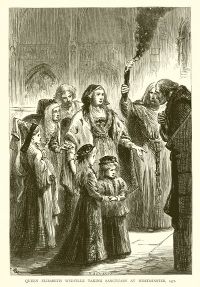 エリザベスウィドビル女王、ウエストミンスターで聖域を占領、1471年 作： English School