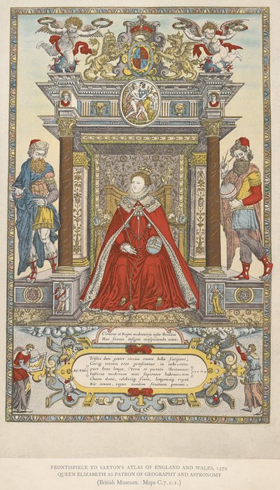 地理学と天文学のパトロンとしてのエリザベス女王。 1579年のイングランドウェールズのサクストンのアトラスの口絵（カラーリソ） 作： English School