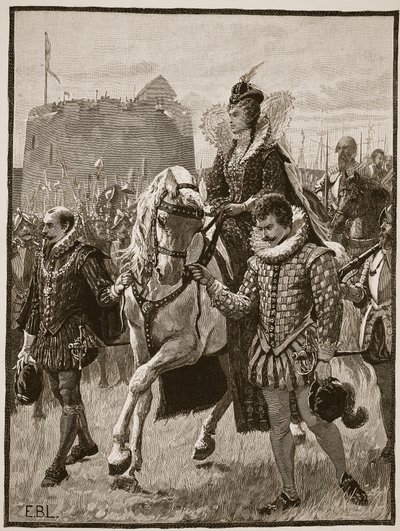 ティルベリーのエリザベス女王、Cassells Illustrated History of England（sepia photo）のイラスト 作： English School