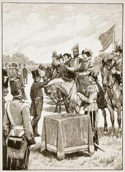 ビクトリアクロスの最初のプレゼンテーションでのビクトリア女王、Cassells Illustrated History of England（sepia photo）のイラスト 作： English School