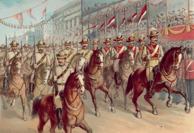 ヴィクトリア女王のダイヤモンド・ジュビリー1897年、ポール・モールを通過するヴィクトリアン・ライフルズとニュー・サウス・ウェールズ・ランサーズ（クロモリト 作： English School