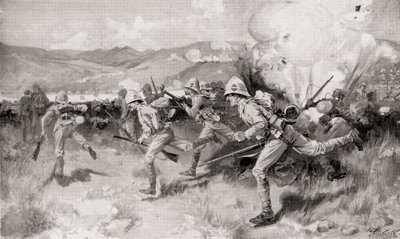 南アフリカ、ナタールのコレンソの戦いで中央攻撃を指揮するクイーンズ・ロイヤル・ウェスト・サリー連隊（ルイス・クレスウィック著『南アフリカとトランスヴァール戦争』より、1900年発行（リトグラフ）。 作： English School