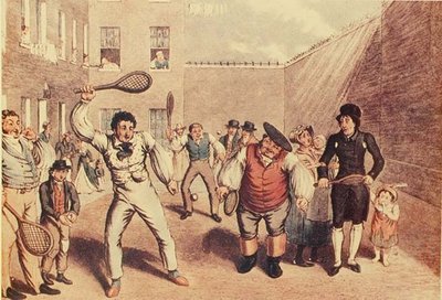 キングス・ベンチでのラケット、1807年頃に出版された「London Life」のイラスト（リトグラフ版） 作： English School