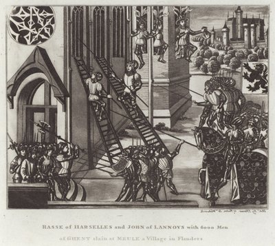 フランダースの村Meule a Villageで6000人のゲントの男性を殺害したRasse of HarsellesとJohn of Lannoys 作： English School