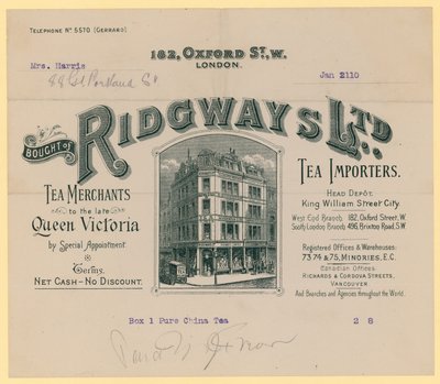 Ridgways、お茶の輸入業者、182 Oxford Street、ロンドンからの領収書 作： English School