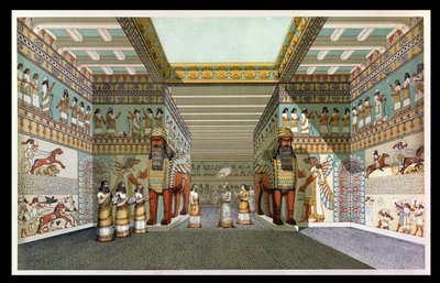 オースティンヘンリーラヤード（1817-94）によるニネベとバビロンの廃墟の発見からの、アッシリア宮殿のホールの再建 作： English School
