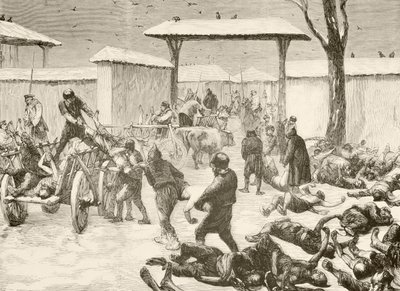 1877年、ブルガリアのプレヴナ包囲戦後の死者回収（リトグラフ） 作： English School