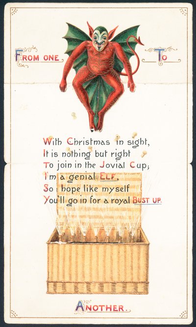赤い悪魔と籐のバスケット、クリスマスカード 作： English School