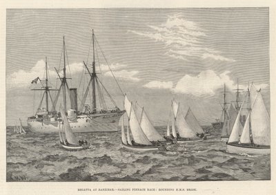 ザンジバルでのレガッタ、帆船パイナスレース、HMSブリスクを周回（彫刻 作： English School