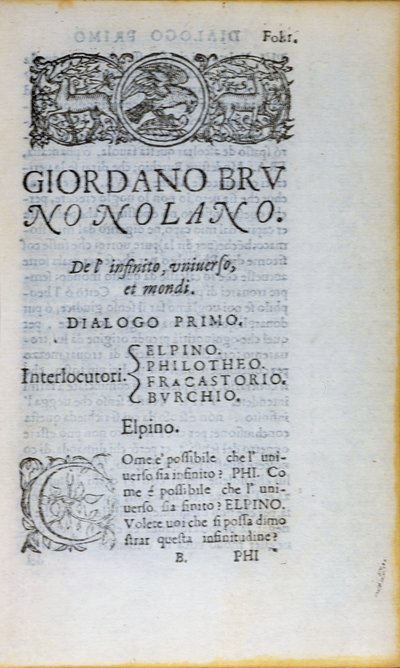 Res 28610ロンドンで発行されたGiordano BrunoによるDe lInfinito Universo et Mondiの最初のページ、1584（印刷された紙） 作： English School