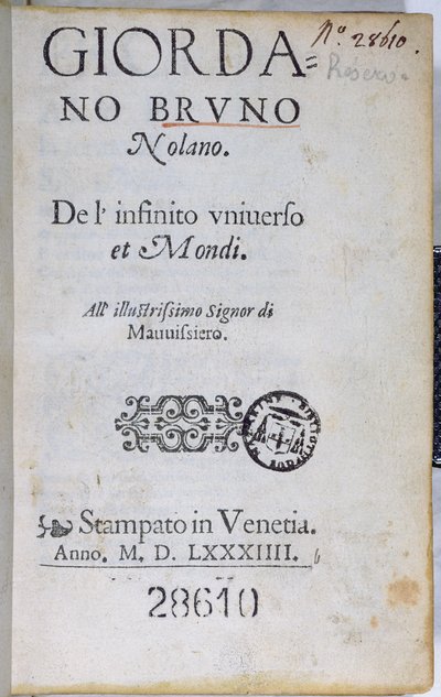 Res 28610ロンドンで出版されたGiordano BrunoによるDe lInfinito Universo et Mondiのタイトルページ、1584（印刷された紙） 作： English School