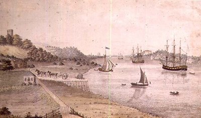 船便とドーバー馬車のある川の風景 1800年頃（ペンとウォッシュ）（72977のペア 作： English School