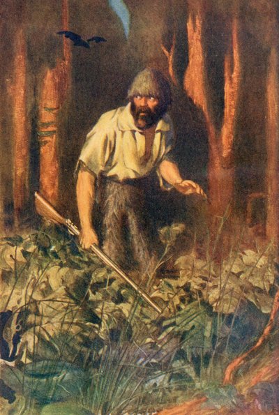 島に一人でいるロビンソンクルーソー、ダニエルデフォーによる「ロビンソンクルーソー」のイラスト、c.1911（カラーリソ）を公開 作： English School