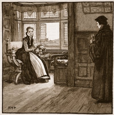 ロジャーアスチャムス、レディジェーングレイを訪問、カッセルズイラストレイテッドイングランドオブイングランドのイラスト（セピア写真） 作： English School