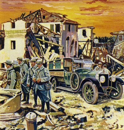 ロールスロイスの車両は装甲板が施され、第一次世界大戦中に広く使用されました 作： English School