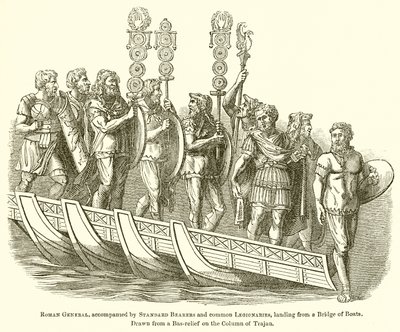 船の橋から上陸するローマ将軍、標準旗手と一般軍団を伴う 作： English School
