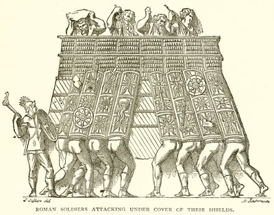 彼らの盾のカバーの下で攻撃するローマの兵士 作： English School