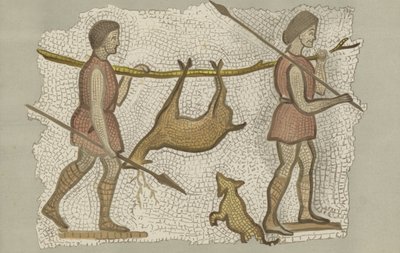 鹿を運ぶ 2 人の男性を示すローマ時代のモザイク (カラー リソ) 作： English School