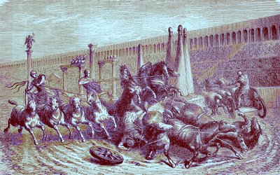帝国下のローマの公共ゲーム-サーカスの戦車レース、イラストレイテッドヒストリーオブザワールドのイラスト、c.1880を発行（デジタル強化画像） 作： English School