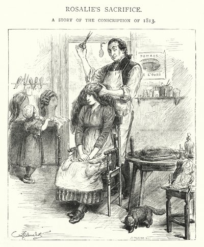 ロザリーの犠牲、1813年の徴兵制の話(エングレービング) 作： English School