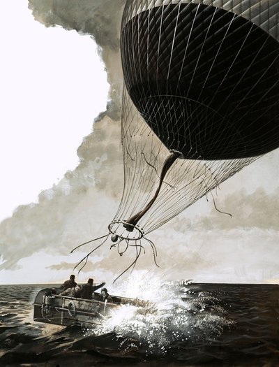 気球による大西洋横断に挑戦するローズマリー・ムディとその夫（紙にガッシュ 作： English School