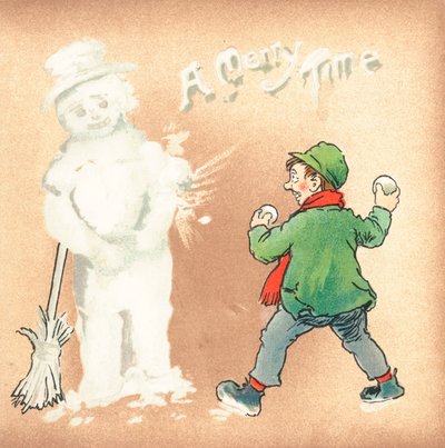 雪だるま、クリスマスカードで雪玉を投げるラフな少年 作： English School