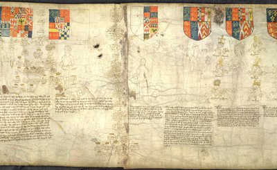 ラウス・ロール、f. 7cr: 左から右へ: ウォリック伯エドワード (クラレンス公ジョージの息子)。 マーガレット（クラレンス公ジョージの娘）; アン・ネヴィル (リチャード・ネヴィルの娘でリチャード3世の妻); リチャード3世（ベラム） 作： English School