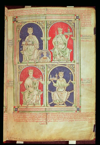 Roy 14 C VII f.9 「Historia Anglorum」（ベラム）からのイングランドの 4 人の王。 作： English School