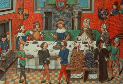 Roy 14 E IV f.244v ランカスター公爵がポルトガル王と食事。 III 「リチャード2世の戴冠式から1387年まで」、ジャン・ド・バタール・ワヴラン画 作： English School
