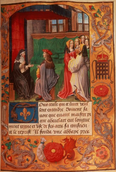 Roy 16 F II f.137 「修道院長エロワーズの手紙」からの女性のグループに囲まれた修道院長と彼女の生徒、c.1500（ベラム） 作： English School