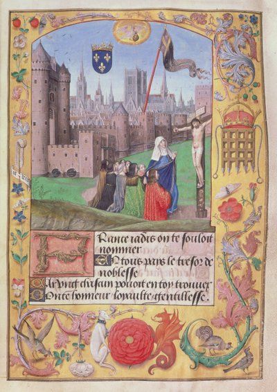 Roy 16 F II f.89 ノートルダム、パリ、腕が突き出ていることを示す、下の聖母は十字架の前にひざまずく9人の人物を保護する、オルレアン公シャルルの詩、1500年頃（ベラム） 作： English School