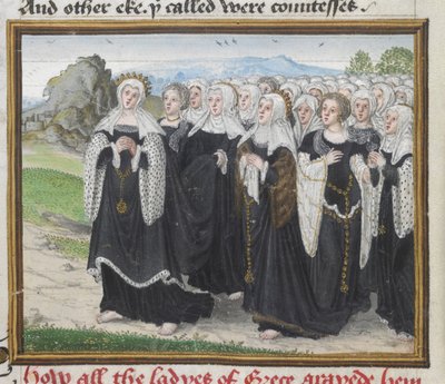 Roy 18 D II f.160 John Lydgate (c.1370-1451) 1412-22 (ベラム) による「トロイの本とテーベの包囲」から、テーベに旅するギリシャの女性 作： English School