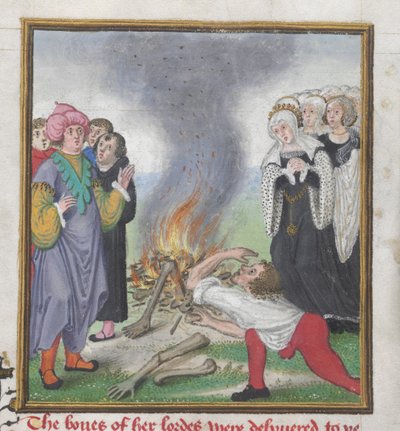 ロイ 18 D II f.161 テーベのクレオン王によって殺害されたアテナイ人の遺体を燃やすテセウス、ジョン リドゲイト作「トロイの本とテーベの物語」より (c.1370-c.1451) 1412-22 (ベラム) 作： English School