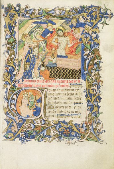 Roy 2 B I f.8グロスター公ハンフリー公爵の詩篇、c.1420-30（ベラム）からの哀れみのイメージの前にひざまずく灰色のひげを生やした聖人に支えられた王冠をかぶった人物 作： English School