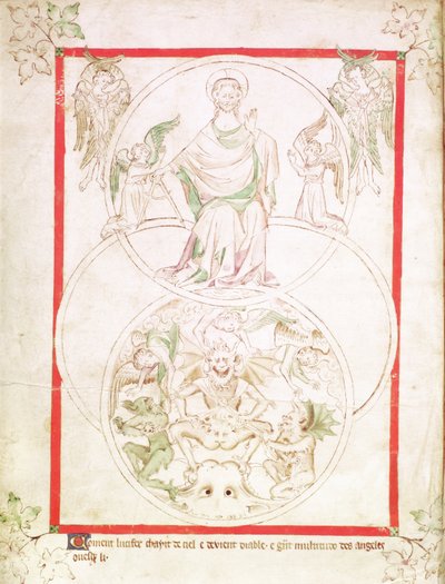 Roy 2 B VII f.1v The Fall of Lucifer、Queen Mary Psalter、c.1310-20 (ベラム) より 作： English School