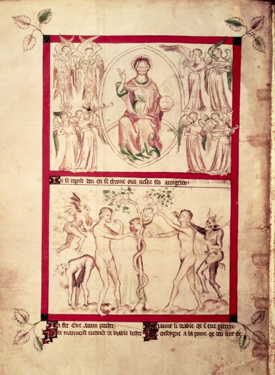 Roy 2 B VII f.3v ミュージシャンの天使に囲まれたマンドルラの神、Eve の誘惑、Queen Mary Psalter、c.1310-20 (ベラム) 作： English School