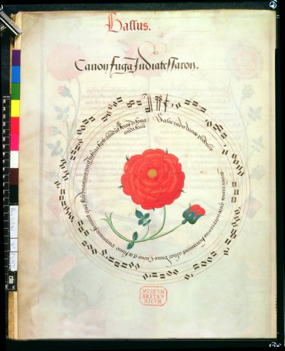 Roy II E XI f.2v カノン、円形譜表と中央にバラ、Richard Sampson 作 Motets (ベラム) 作： English School
