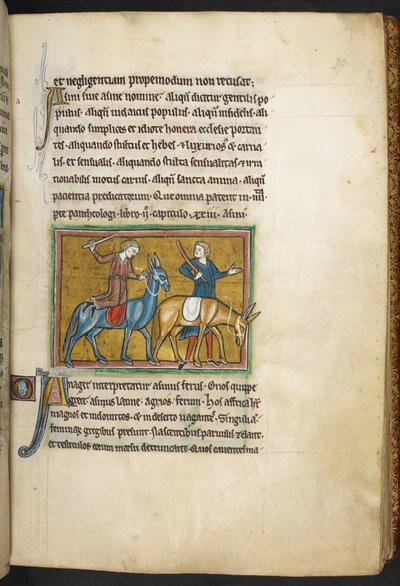 ロイヤル 12 F.XIII、f.39   お尻の男二人で男二人。 、 Bestiary (ff. 3-141)、 Lapidary (ff. 141v-149) から  、13世紀の第2四半期（ベラム） 作： English School