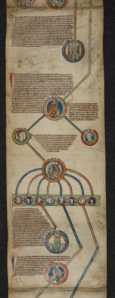 Royal 14 B. VI、Membrane 2、Aethelred から Edmund I までの王家の系図、「イングランド王の系図ロール」のイラスト、c.1300-40（ベラム） 作： English School