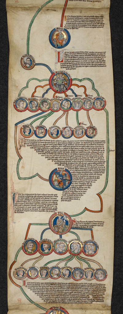 Royal 14 B. VI、Membrane 6、スティーブンからジョンまでの王家の系図、「イングランド王の系図ロール」のイラスト、c.1300-40（ベラム） 作： English School