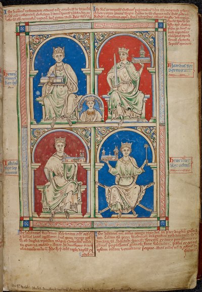 Royal 14 C. VII, f.9 イギリスの 4 人の王: ヘンリー 2 世、リチャード 1 世、ジョン、ヘンリー 3 世とウェストミンスター寺院、「ヒストリア アングロラム」より 作： English School