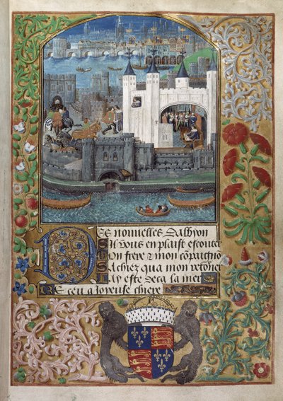 Royal 16 F. II、f.73 ロンドン塔、後ろにロンドン橋。 オルレアン公シャルルは、中庭で窓辺に立って手紙を書いているのを見た 作： English School
