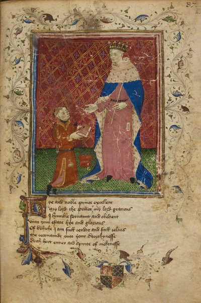 Royal 17 D. VI、f.40 Thomas Hoccleve は、Thomas Hoccleve 作の「The Regement of Princes」からのイラストで、ヘンリー 5 世に本を提供する行為でひざまずきます。 作： English School