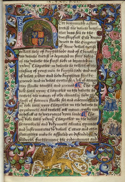 ロイヤル 18 A. XII fol.1 「De re militari」より、2 頭のイノシシが両脇に立つ、リチャード 3 世の紋章付きのイニシャル「H」のイルミネーション 作： English School