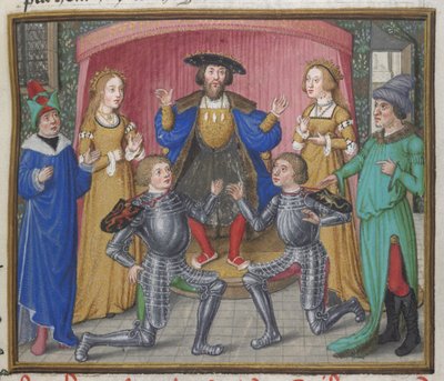 Royal 18 D.II、f.151 PolynicesとTydeusの和解、「テーベ包囲戦」のイラスト、c.1455-62（ベラム） 作： English School