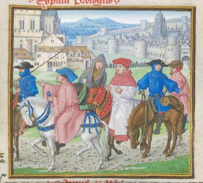 Royal 18 D II f.148 Lydgate and the Canterbury Pilgrims Leaving Canterbury from The 